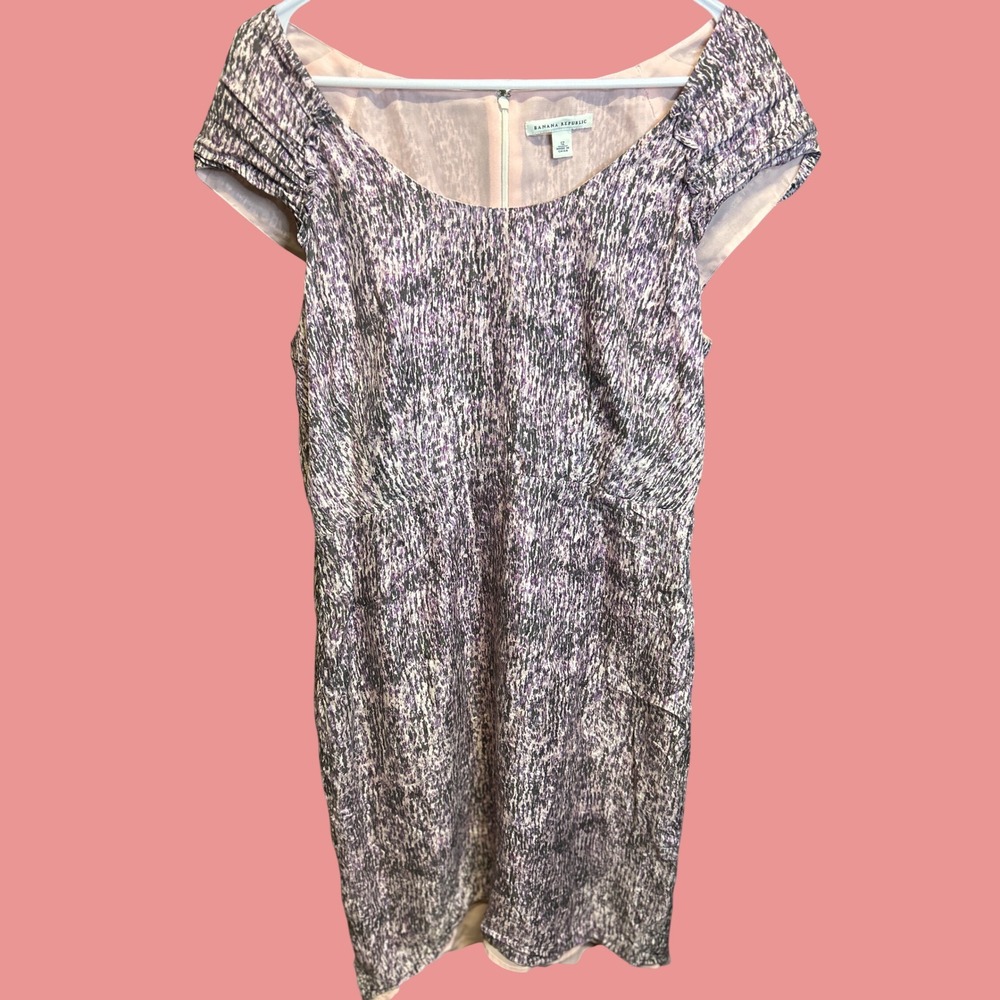 Banana Republic Dress Women 12 Purple Pink Silk Abstract Print Cap Sleeve Sheath